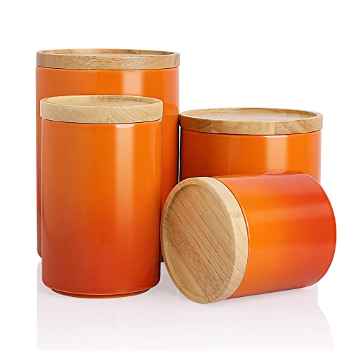 Sweejar Kitchen Canisters Ceramic Food Storage Jar Set Stackable Containers with Airtight Seal Wooden Lid for Serving Ground Coffee Tea Herbs Grains Sugar Salt Set of 4Gradient Orange