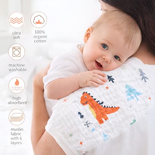 Image of Pack of 5 large Muslin Burp Cloths for Baby | 6 Layer Soft Cotton Burping Cloth for NewBorn | Muslin Napkins for New Born Baby | Wash Cloth Napkins for Kids | Face Towel for Kids 25*40 cm (Multiprint)