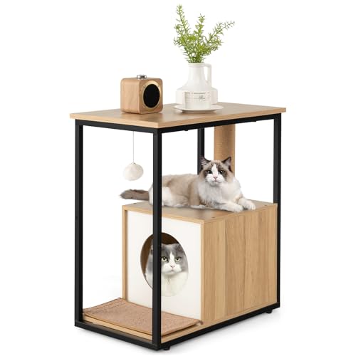 PETSITE Cat Tree and End Table, Cat End Table with Scratching Post, Cat Condo, Dangling Ball, Detachable Plush Mat & Anti-Tipping Kits, Cat Furniture Nightstand (Natural)