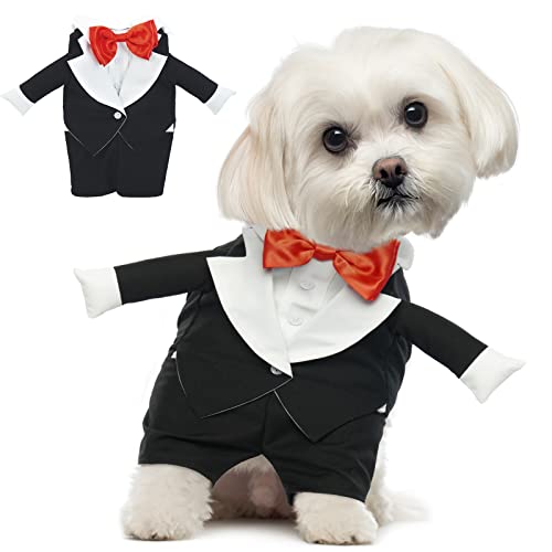 FUAMEY Dog Tuxedo,Pet Wedding Costumes Suit with Bow Tie,Puppy Birthday Party Attire,Dog Cat Formal Wear Bandana Collar,Black Pet Halloween Clothes,Pet Groom Best Man Outfit for Small Medium Large Dog