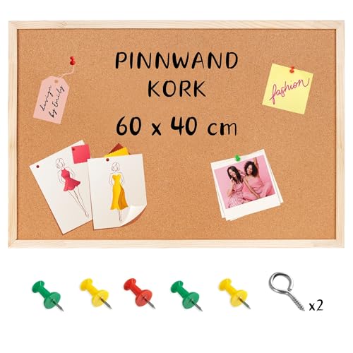 Creative Home 60x40 cm (+-2 cm) Pinnwand Kork | inkl. 5 Pinwandnadeln | Korkwand Korktafel Holzrahmen Memoboard | Hergestellt in der EU | Ideal für Büro, Schule, Schlafzimmer und Heim