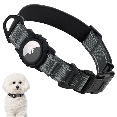 Taglory Reflective AirTag Dog Collar with Waterproof Airtag Holder, Dual D-Rings, Durable Safety Buckle, Adjustable Soft Padded for Small Dogs Night Walking, Outdoor Tracking, Grey, S