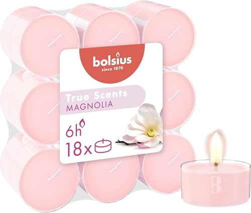 Bolsius - True Scents - 18 Candele Profumate per Tealight - Magnolia - Durata Lunga della Combustione di 6 Ore - Diametro 39 mm - Contiene Estratti Naturali - Cera Vegetale - Senza Olio di Palma