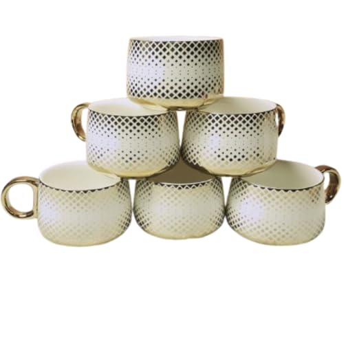Image of DMRD Porcelain Tea Set with Kettle |Tea Cup Set 7Pc | Aesthetic and Classic Cups Set | Premium Crockery for Home & Gifting with Golden Color Geometric Pattern Design. (Pearl White)