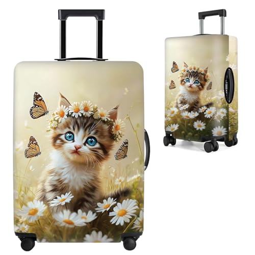 Image of Cute Cat and Butterflies Luggage Cover for 24-26 Inch Suitcase - Colorful Floral Travel Protector with Daisy and Meadow Design - Stretch Washable Luggage Sleeve,M