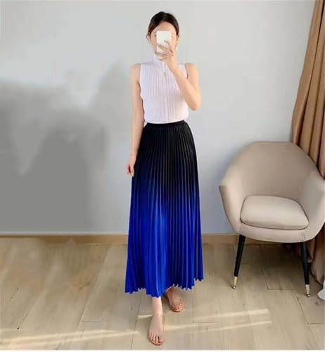 Women's Weekend Maxi Skirt Beach Contrast Elastic High Waist Gradient Thin Pleated Long Skirts3