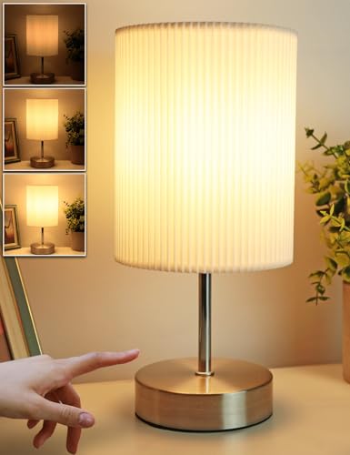 HSLighting Bedside Lamps, Touch Control Table Lamp 3-Way Dimmable Small Lamp with 3D Pleats Fabric Shade LED Minimalist Nightstand Warm White for Christmas Xmas Bedroom Living Room Gift Decor