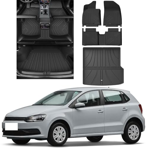 All Weather Floor Mats for VW Polo 2011-2012-2013-2014-2015-2016-2017-2018,All Weather Floor Liner,TPE Waterproof Odorless Car Floor Mats Set,Heavy-Duty Floor Liners,Foot mat+Cargo Liner