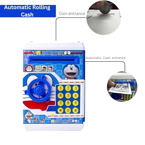 Image of EUPHORIA RK Toys Bank Toys Money Safe ATM Kids Piggy Savings Bank With Electronic Lock Piggy Bank ATM With Password, Cartoon Piggy Bank For Kids-Dora Emon, Blue