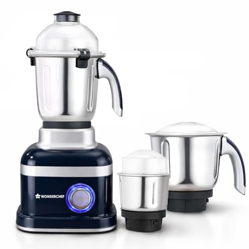Image of Wonderchef Cube 1000W Mixer Grinder, 3 Jars with Flow Breakers, Special Coarse Blade for Silbatta-style Khada Masala Grinding, Ideal for Grinding, Blending Chutney, Idli /Dosa Batter, 2-Yr Warranty