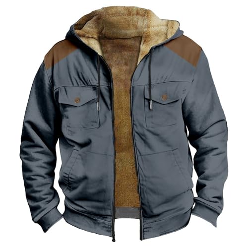 Men's Hooded Winter Jacket, Sherpa Fleece Lined, Full Zip, Color Block Design with 4 Pockets, Navy