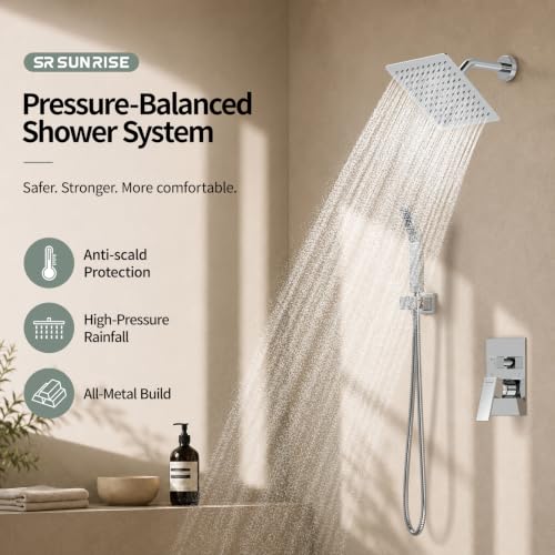 Image of SR SUN RISE Shower Faucet Set 8-Inch Rainfall Shower Head Polished Chrome