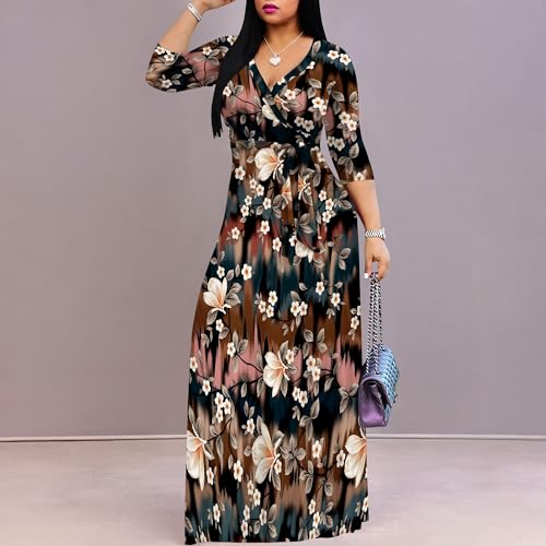 Image of Women's V Neck Floral Maxi Dress 3 /4 Sleeve Plus Size Boho Wrap Flowy Long Dresses with Belt