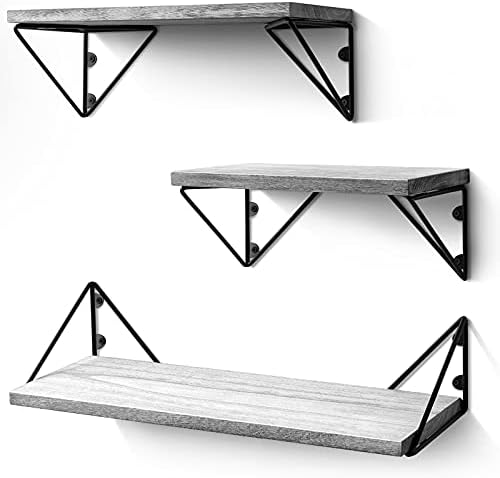 BAYKA Floating Shelves Wall Mounted Set of 3, Rustic Wood Wall Shelves for Living Room, Bedroom, Bathroom Gray