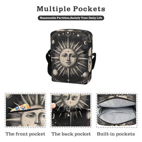 Crossbody Sling Bag for Women Men, Zipper Closure Messenger Bags Vintage Celestial Print with Card Phone Passport Compartment 6.6×9.4×2.5 IN2