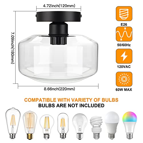 Maxvolador Industrial Semi Flush Mount Ceiling Light, Clear Glass Pendant Lamp Shade, Farmhouse Lighting For Porch Hallway Kitchen Bedroom, Vintage Hanging Light Fixtures, Bulb Not Included #TOP1