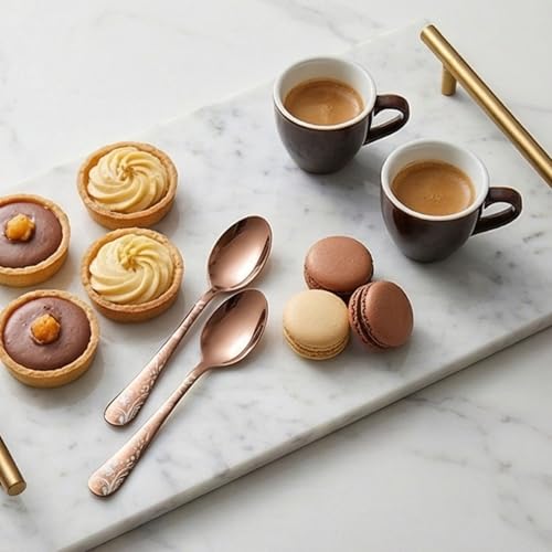 Image of 6.7 inch Rosegold Dessert Spoons with Floral Printed Handle | Set of 5 Durable Stainless Steel Teaspoons | Mirror Polished Silverware for Home, Restaurants, and Gift Giving
