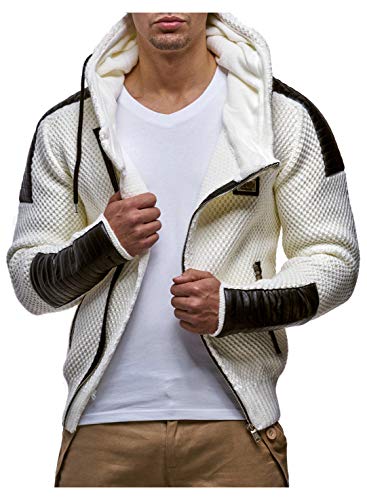 Leif Nelson Herren Pullover mit Kapuze Slim Fit Hoodie Pulli Männer Kapuzenpullover Winterpulli Strickpullover Sweatshirt Winterpulloveru00a0LN5015 Größe XL Beige/Weiss