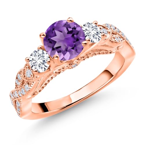Gem Stone King 18K Rose Gold Plated Silver Purple Amethyst White Lab Grown Diamond and White Moissanite Engagement Ring For Women (1.47 Cttw, Gemstone February Birthstone, Round 6MM and 3MM)
