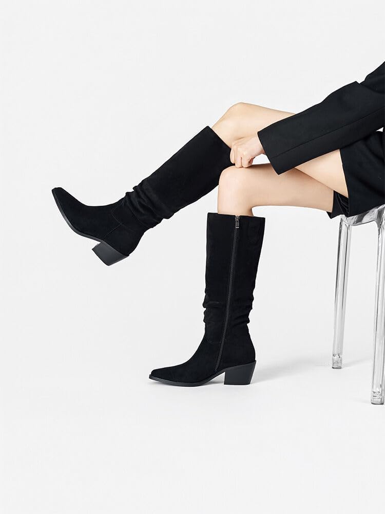 Knee High Boots Women Classic Chunky Heel Pointed Toe Tall Boots For Women low Heel Side Zipper folds Boots