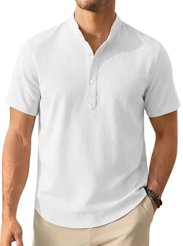 Enlision Chemise Homme Lin Blanche Manches Courtes Col Mao Été Chemise Homme ete Leger...