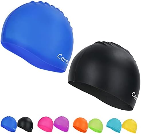 Swim Cap, 2 Pack Durable Silicone Swimming Caps for Kids Girls Boys Youths (Age 2-12), Soft 3D Ergonomic Waterproof Kids Swim Caps, Comfortable Fit for Long Hair and Short Hair