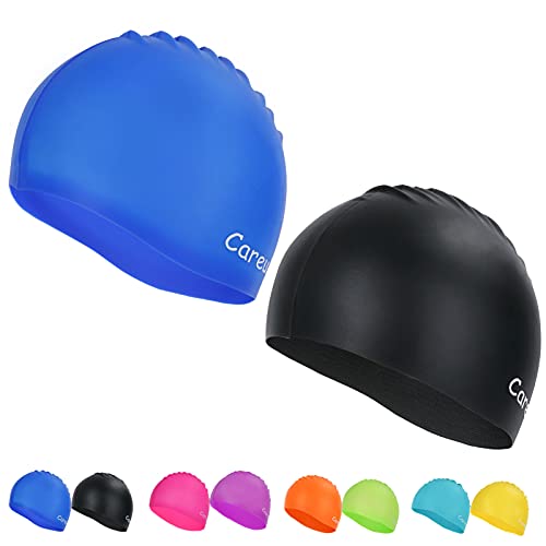 Swim Cap, 2 Pack Durable Silicone Swimming Caps For Kids Girls Boys Youths (Age 2-12), Soft 3D Ergonomic Waterproof Kids Swim Caps, Comfortable Fit For Long Hair And Short Hair #TOP3
