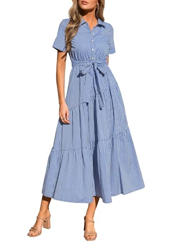 Image of PRETTYGARDEN Women Striped Button Up Maxi Shirt Dress, Blue Striped,S
