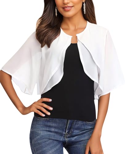 MYSSUCI Chiffon Bolero Damen Festlich 3/4 Ärmel Elegant Kurz Bolerojacke Leichte Schulterjacke Shrug Top (Weiß, XL)