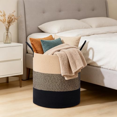 Image of 58L Tall Cotton Rope Laundry Basket with Handles, Brown & Black