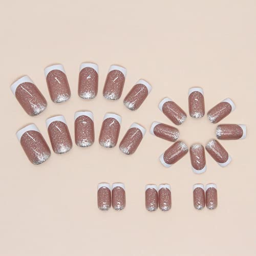 Square Fake Nails French Tip Press On Nails Medium Nude Glue On Nails Full Cover False Nails With White Glitter Designs French Nail Decorations For Women Girls 24Pcs #TOP2
