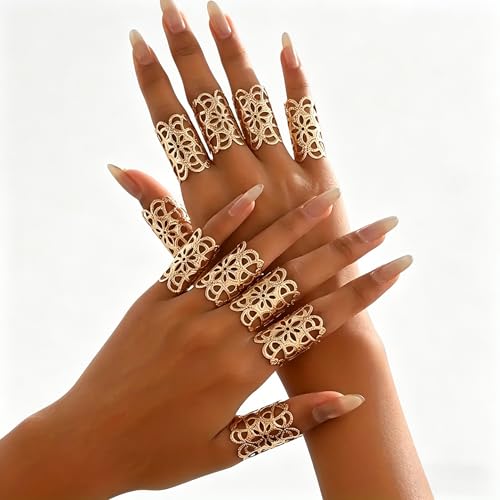 CHIVASO Vintage Gold Plated Floral Full Finger Statement Rings Set, Hollow Lace Design, Knuckle Rings for Women, 10 Pieces by CHIVASO - Used condition - Image 3