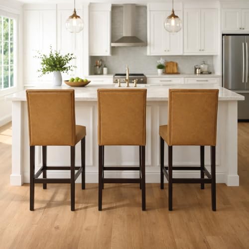 Image of HomePop Button Tufted Counter Stool, 24-Inch, Carmel Faux Leather (Set of 2)
