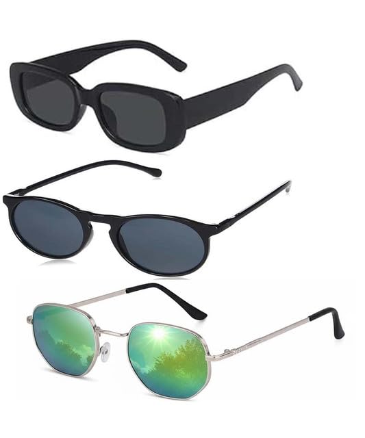 Y&S Unisex Goggle Combo| Combo Offer Pack of Branded Latest Stylish| Black Candy Black Round Green Hexagonal for Men and Women with Box|3-1218