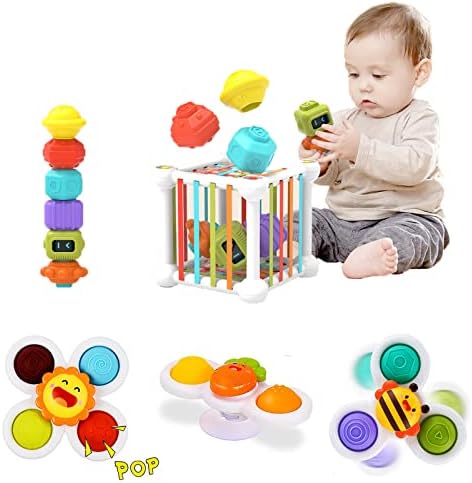 Montessori Toys for 1 2 Year Old Boy Girl, Baby Sensory Bin Shape Sorter Toys Colorful Cube, with 3 Suction Cup Spinning Top Toys and Bead Maze, Early Learning Toys for Toddlers Age 1-3 (12PCS)