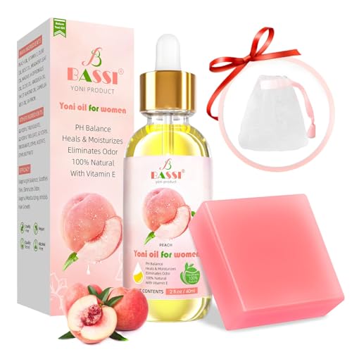Yoni Oil &amp; Yoni Soap Bar for Women - 2 FL OZ Peach Fresh Feminine Care Oil &amp; 5.29 oz Handcraft Feminine Wash Yoni Bar, Remove Odor, Hydration, Restores pH Balance, Pure Natural