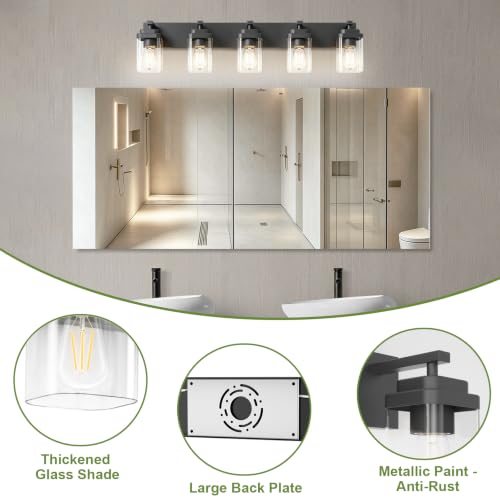 Image of Black Bathroom Light Fixtures, 5 Lights Bathroom Lighting Fixtures Over Mirror, Square Design & Rectangle Large Backplate, Modern Vanity Lighting Fixtures, for Bathroom /Living Room /Bedroom
