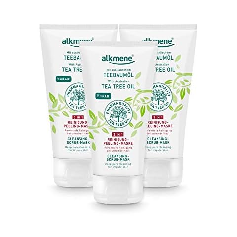 alkmene Tea Tree Oil 3in1 Cleansing Peeling Mask - Anti pimples, blemishes & redness - vegan face care without silicones, parabens & mineral oil - facial cleansing in 3 pack (3x 150 ml) Cover