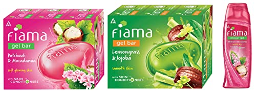 Image of Fiama Shower Gel Patchouli & Macadamia, Body Wash, 250ml Bottle & Fiama Gel Bar Patchouli And Macadamia, 125g (3pack) & Fiama Gel Bar, Lemongrass And Jojoba With Skin Conditioners, 125g (3pack)