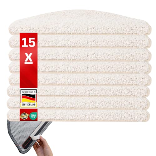 etm Original Stufenmatten Treppen-Teppich 15er Spar Set 20 Farben und 20 Modelle zur Auswahl (Creme, Halbrund 65 x 23,5 cm) Barcelona