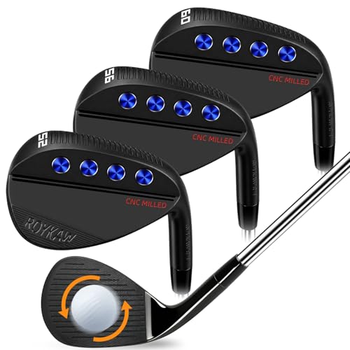 Roykaw Golf Wedge Set 52 Gap Wedge 56 Sand Wedge 60 Lob Wedge Full CNC Milled Face for Max Backspin 52 56 60 Golf Wedge Set Right Hand 3 PCS Black