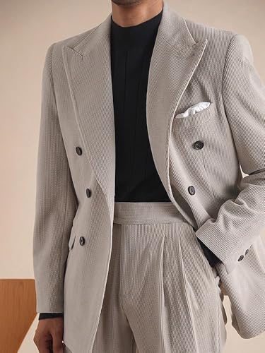 Mens Suits 2 Piece Retro Corduroy Dress Suit Double Breasted Prom Tuxedos Jacket Pants Set2