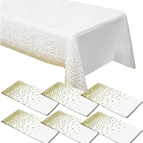 6 Pack Gold Dot Tablecloths for Rectangle Tables, 54" x 108" White Plastic Tablecloths Disposable Waterproof Party Table Cloths Gold Dot Confetti Table Cloth for Outdoor Birthday Party