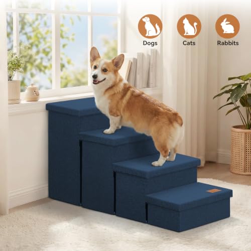 Image of Zerbuger Dog Stairs with Storage, Navy Blue 4 Steps Dog Ramp no Condo | 23 inch H Wider Dog Steps for High Beds Couch, Folding Storage Pet Stairs Gift for Climbing Small /Medium /Large Old Dogs Cats