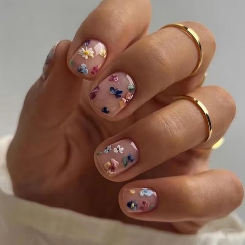 GlamRays 24 Uds. de Pegatinas de Flores para Uñas Uñas Falsas Cuadradas Cortas Uñas Nude Falsas con Diseños de Pequeñas Flores Brillantes Pegatinas Uñas Acrílicas