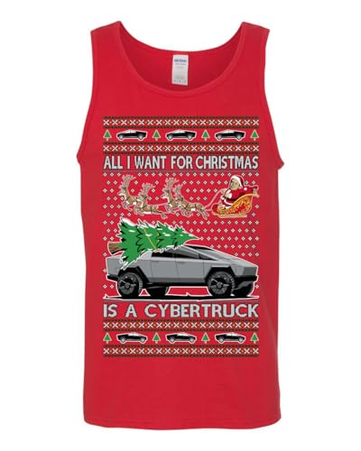 All I Want for Christmas is a Cybertruck Funny Tech Cyber Truck Elon Musk Santa Claus Reindeer Meme Ugly Christmas Mens Tank Top, Red, X-Large2