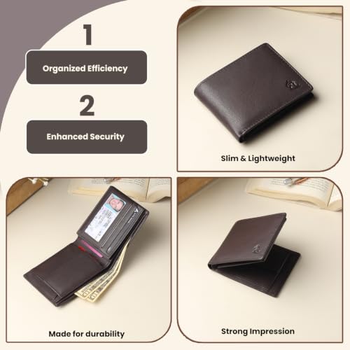 Image of KARA Brown Men's Genuine Leather Wallet - Bifold, 2 Cash Compartments, Coin Pocket, 10+ Card Slots, Hidden & Transparent Flip Sections