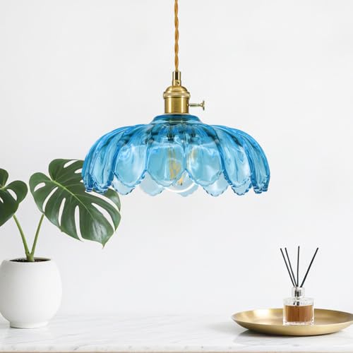 YLTLINK suspension verre bleu plafonnier Design lustre fleur bronze lustre Vintage E26 / E27 suspensions d'éclairage intérieur hauteur réglable plafonnier cuisine/salon/salle a manger