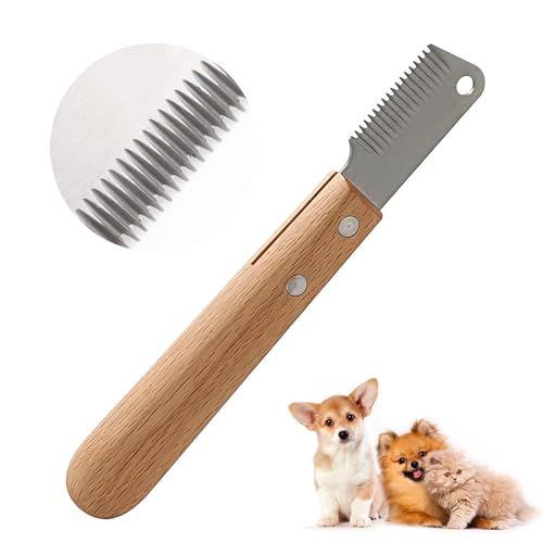 Hund Trimmmesser mit Holzgriff für Stumpf Hunde Rauhaardackel Dackel Fein Deckhaar Terrier, Mittel Abisoliermesser, Ergonomisch Trimm Messer Haustierpflege Werkzeug für Haustier Pet Unterwolle Braun