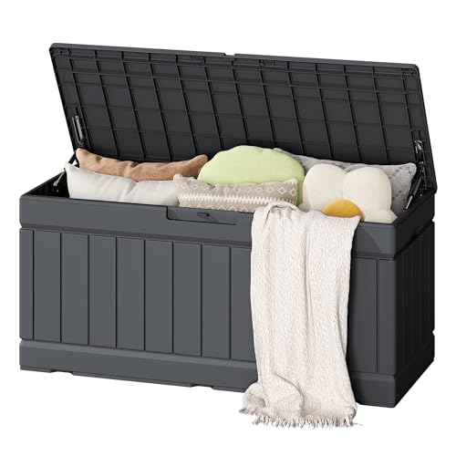 Flamaker Outdoor Storage Box 80 Gallon Resin Waterproof Deck Box Delivery Box with Wood Texture Large Storage Bin for Patio Cushions (Grey)